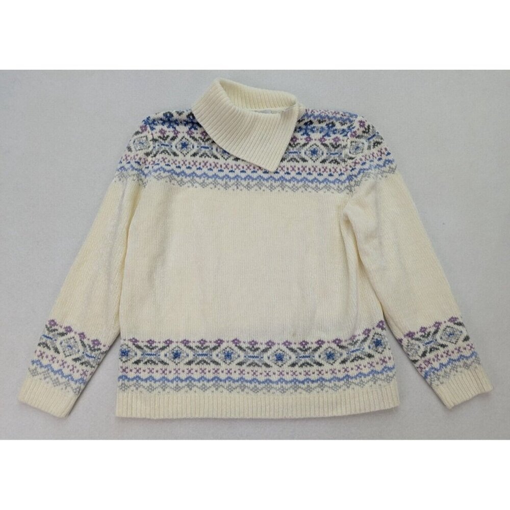 Alfred Dunner Women's Sweater Size M Ivory Cream Chenille Fair Isle Pullover